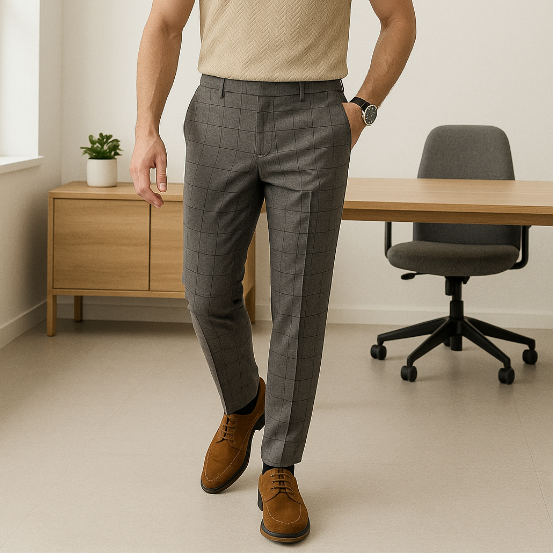Men's British Style Plaid Slim Suit Pants
