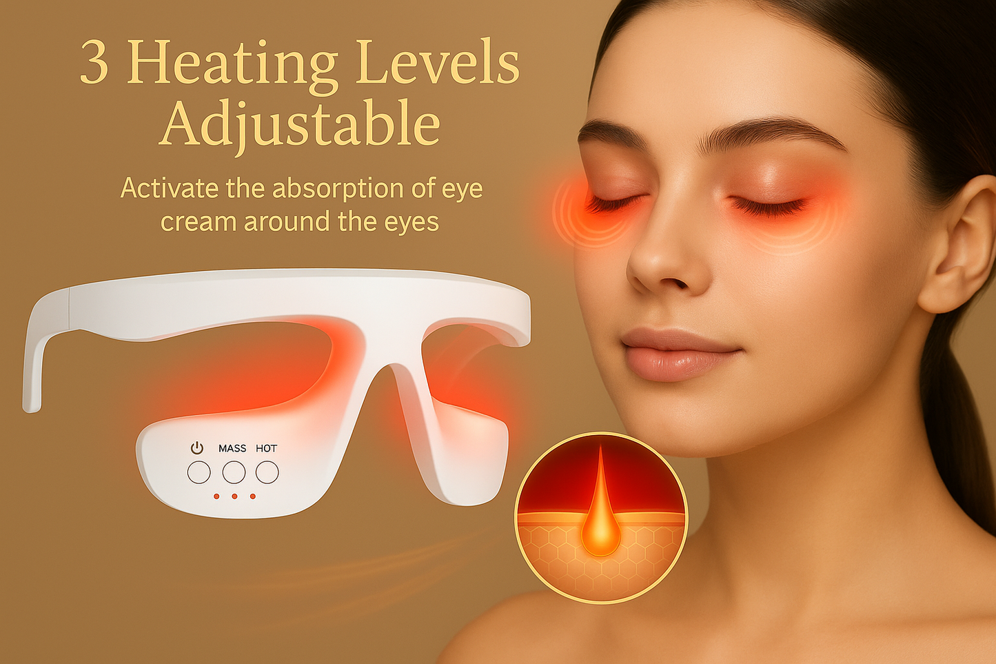 RevitalEyes Eye Rejuvenation Device with adjustable heating levels for enhanced eye cream absorption and anti-aging effects