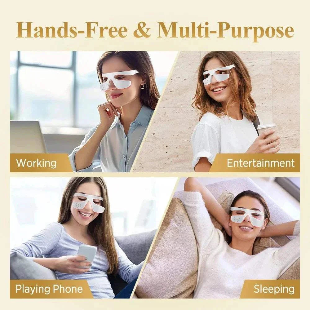 Women using RevitalEyes Eye Rejuvenation Device hands-free during work, entertainment, phone use, and sleep