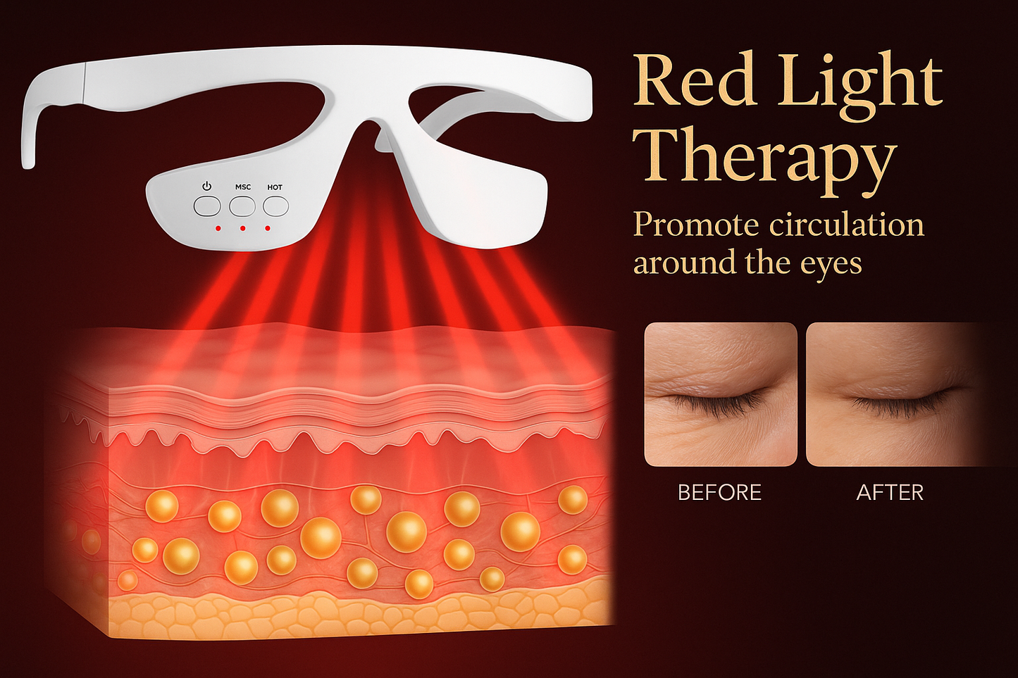 RevitalEyes Eye Rejuvenation Device using red light therapy to reduce fine lines and puffiness around eyes with before and after results.