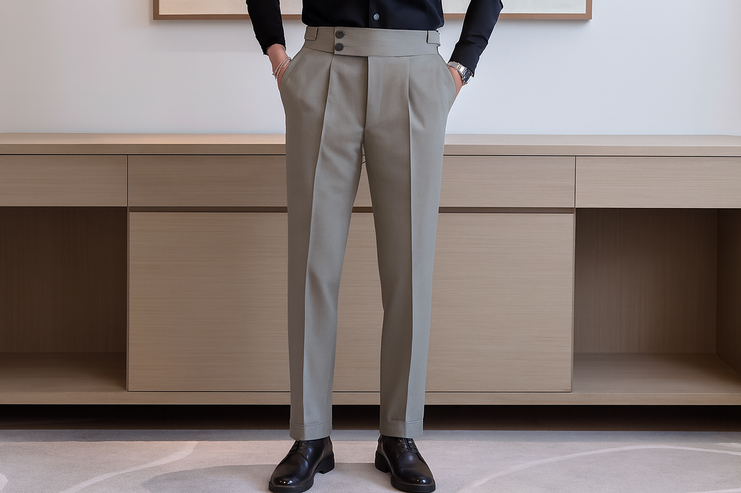 Gray elegant high-waisted business dress pants showing complete product view