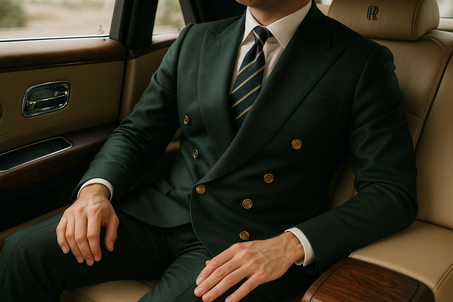 Green suit jacket realistic car scene no face