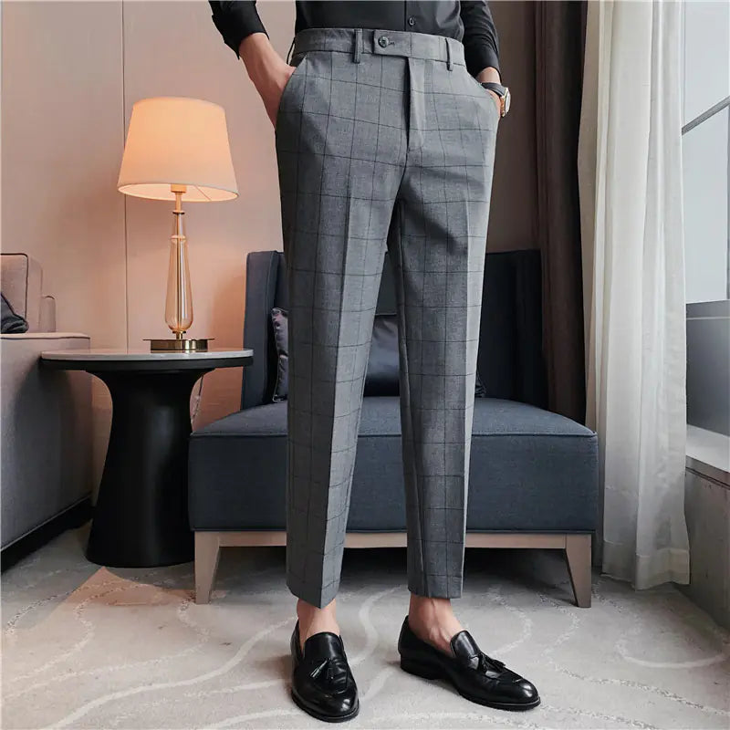 Men's British Style Plaid Slim Suit Pants