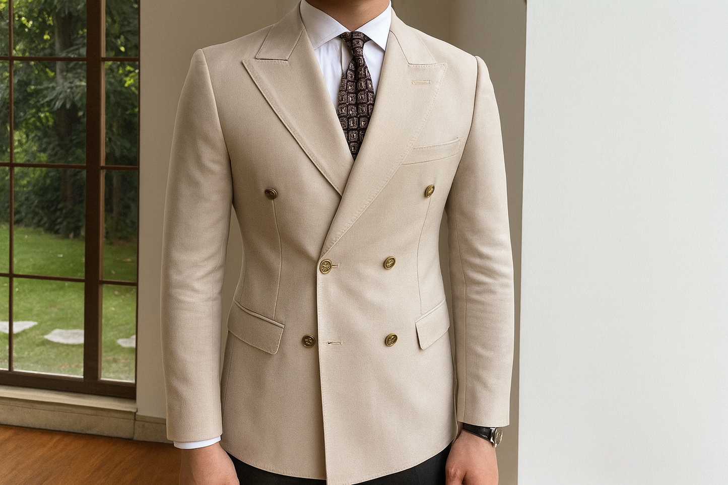 Light beige double breasted suit jacket