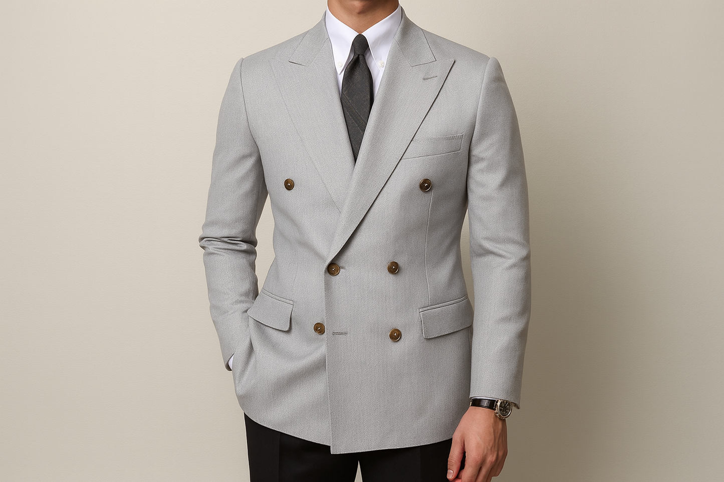 Light gray double breasted suit jacket