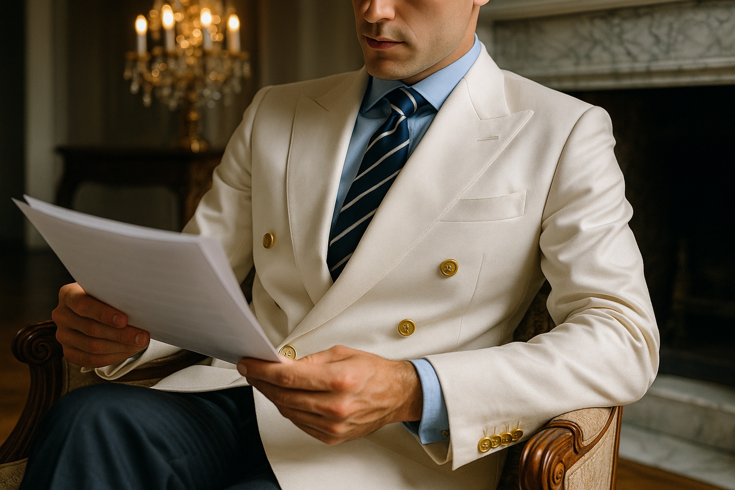 White suit jacket realistic mansion scene no face