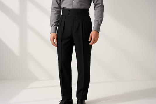 Black elegant high-waisted business dress pants in minimalist studio