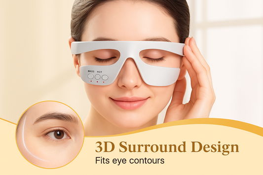 Young woman wearing the RevitalEyes Eye Rejuvenation Device with 3D surround design fitting eye contours.